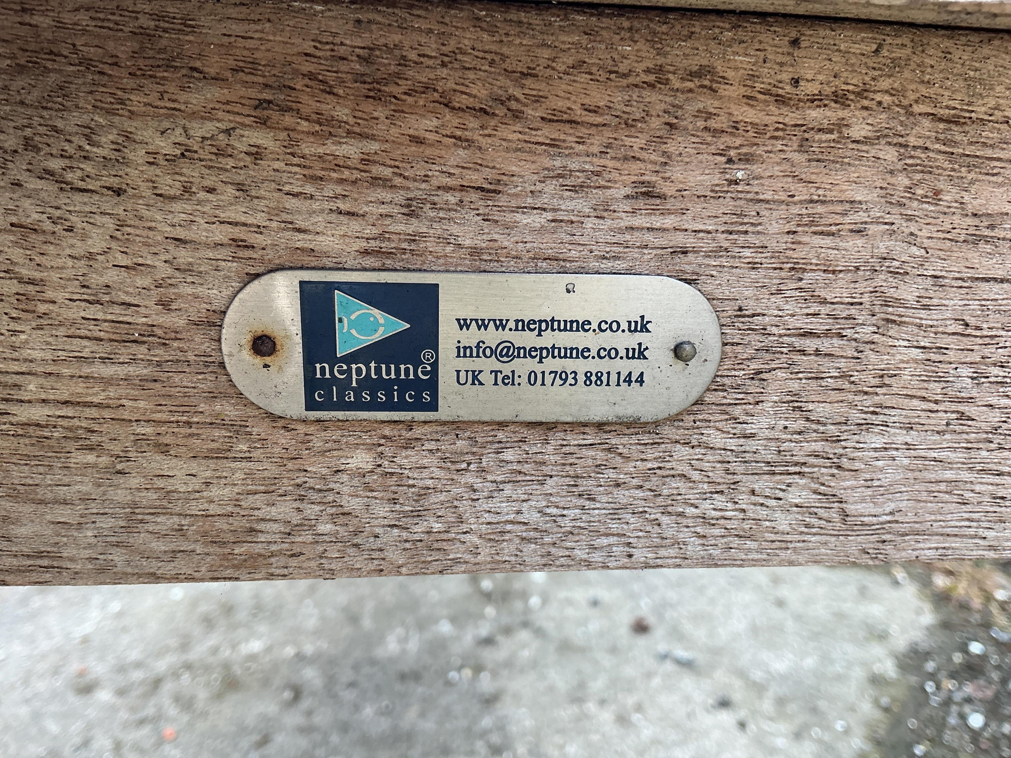 A weathered teak slatted garden bench by Neptune,width 154cm, depth 58cm, height 92cm